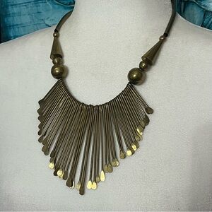 Brass Paddle Fringe Necklace 70’s Leather Cord Brass Hook Tribal